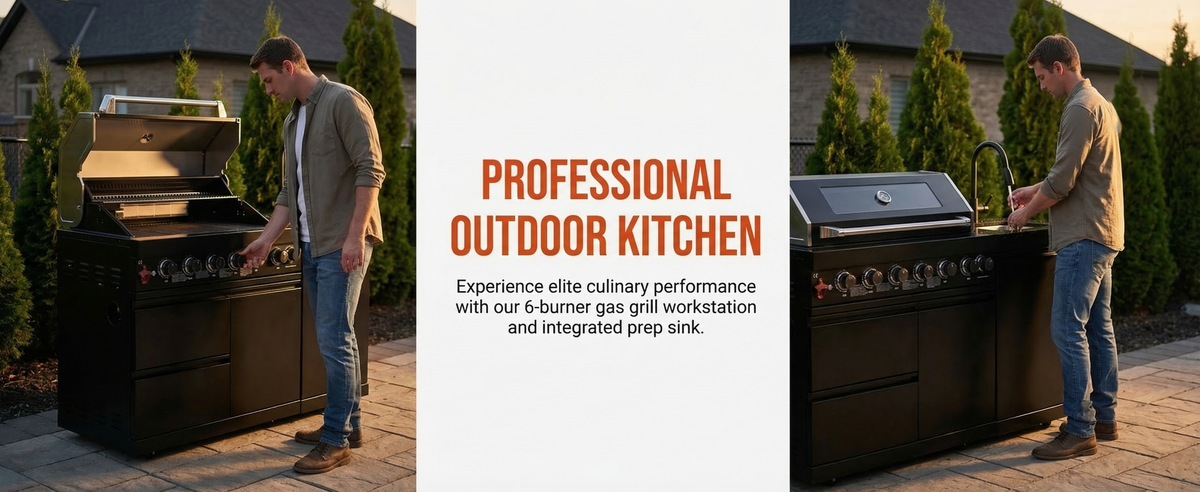 62.6 Inch 6-Burner Outdoor Kitchen Grill with Marble Countertops - Black