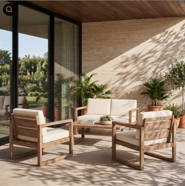 4-Pieces Acacia Wood Patio Furniture Set, Outdoor Furniture With Coffee Table, Patio Conversation Set Deep Seating With Soft Cushion, Porch Chairs For Porch Balcony, Brown Wash, Beige