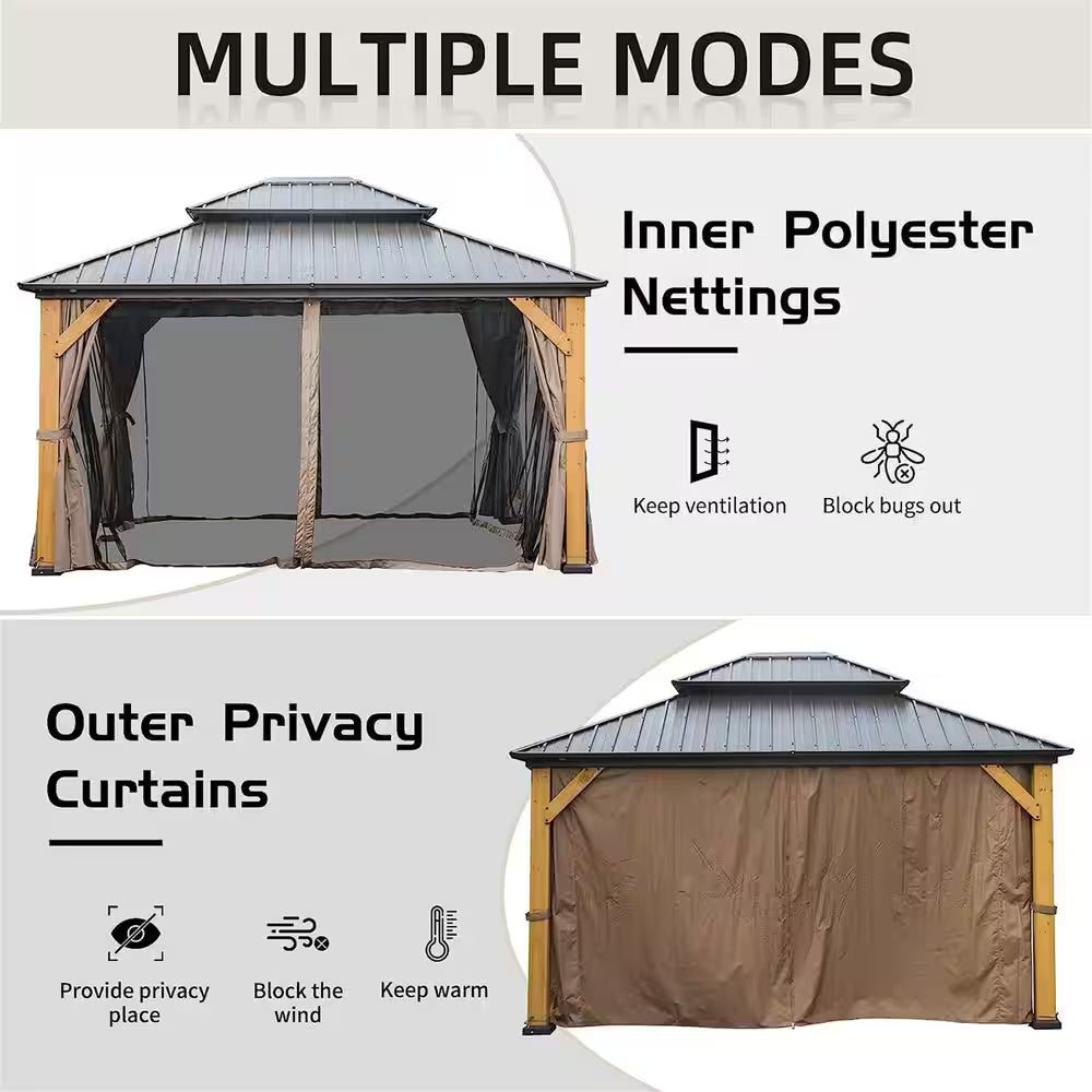12 Ft. X 14 Ft. Outdoor Cedar Wood Frame Hardtop Gazebo with Galvanized Steel Double Roof, Curtains and Netting
