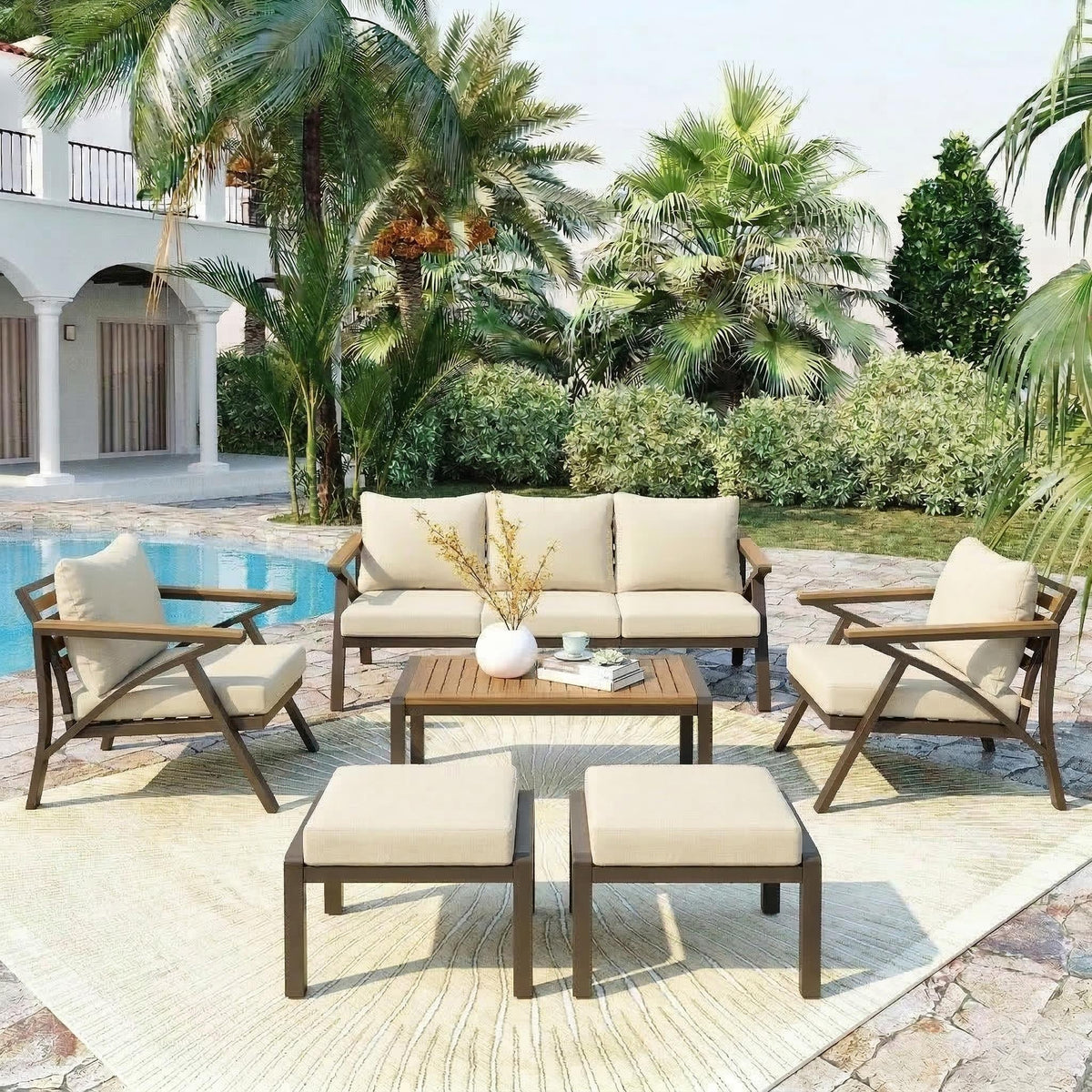 6-Piece Outdoor Patio Furniture Set with Steel Frame & Acacia Wood Table - Brown, Cream Beige