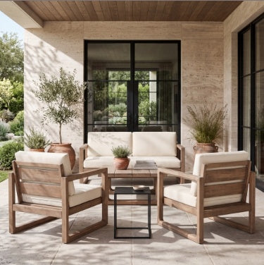 4-Pieces Acacia Wood Patio Furniture Set, Outdoor Furniture With Coffee Table, Patio Conversation Set Deep Seating With Soft Cushion, Porch Chairs For Porch Balcony, Brown Wash, Beige