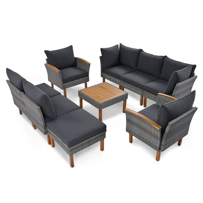 9-Piece Patio Rattan Furniture Set with Acacia Wood Legs - Outdoor