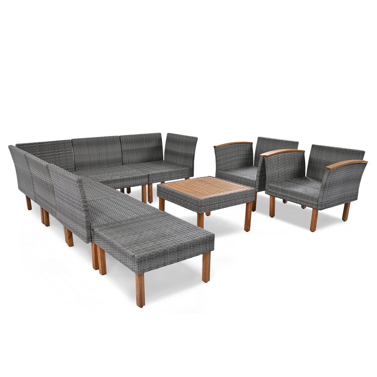 9-Piece Patio Rattan Furniture Set with Acacia Wood Legs - Outdoor