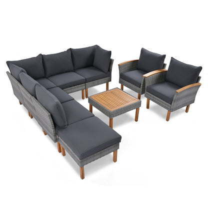 9-Piece Patio Rattan Furniture Set with Acacia Wood Legs - Outdoor