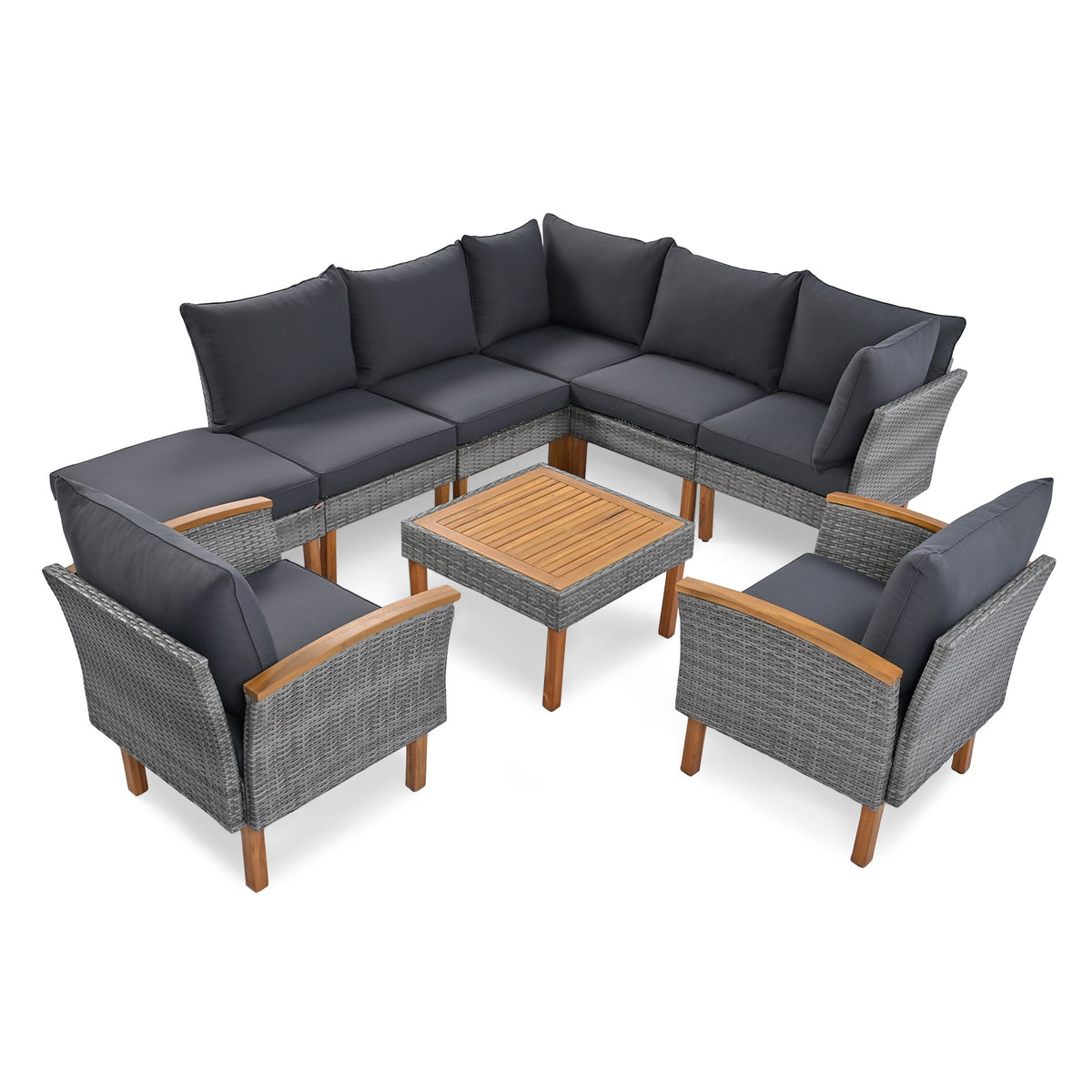 9-Piece Patio Rattan Furniture Set with Acacia Wood Legs - Outdoor