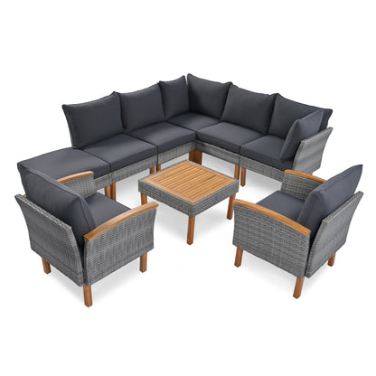 9-Piece Patio Rattan Furniture Set with Acacia Wood Legs - Outdoor