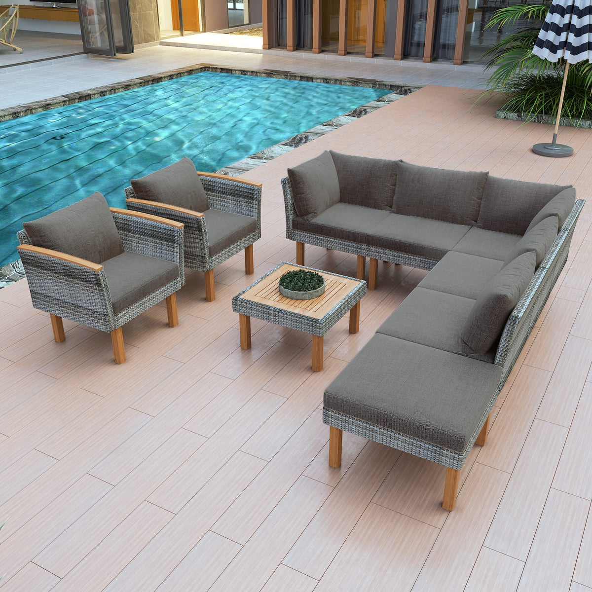 9-Piece Patio Rattan Furniture Set with Acacia Wood Legs - Outdoor