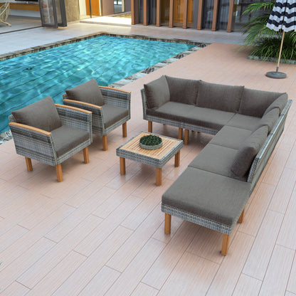 9-Piece Patio Rattan Furniture Set with Acacia Wood Legs - Outdoor