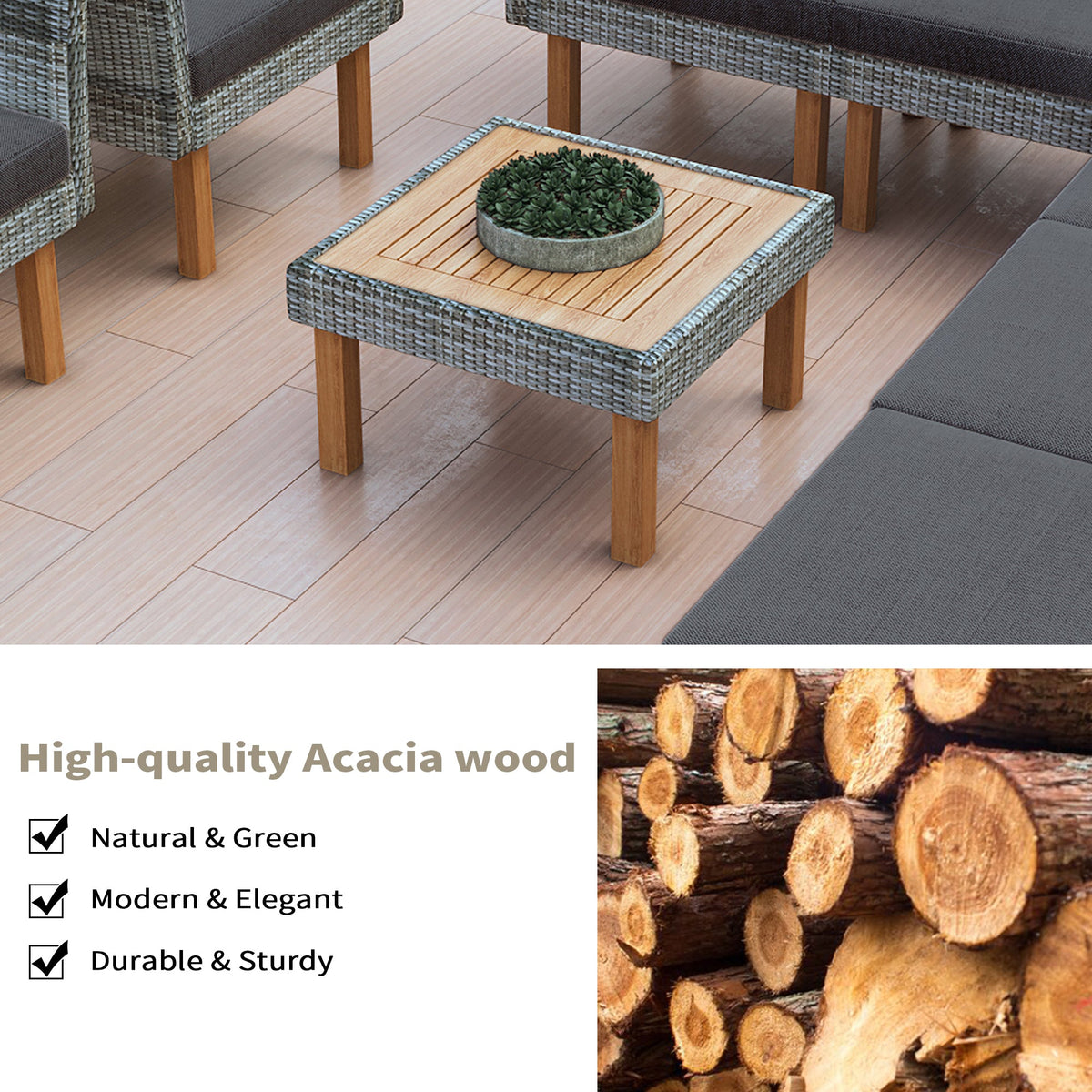 9-Piece Patio Rattan Furniture Set with Acacia Wood Legs - Outdoor