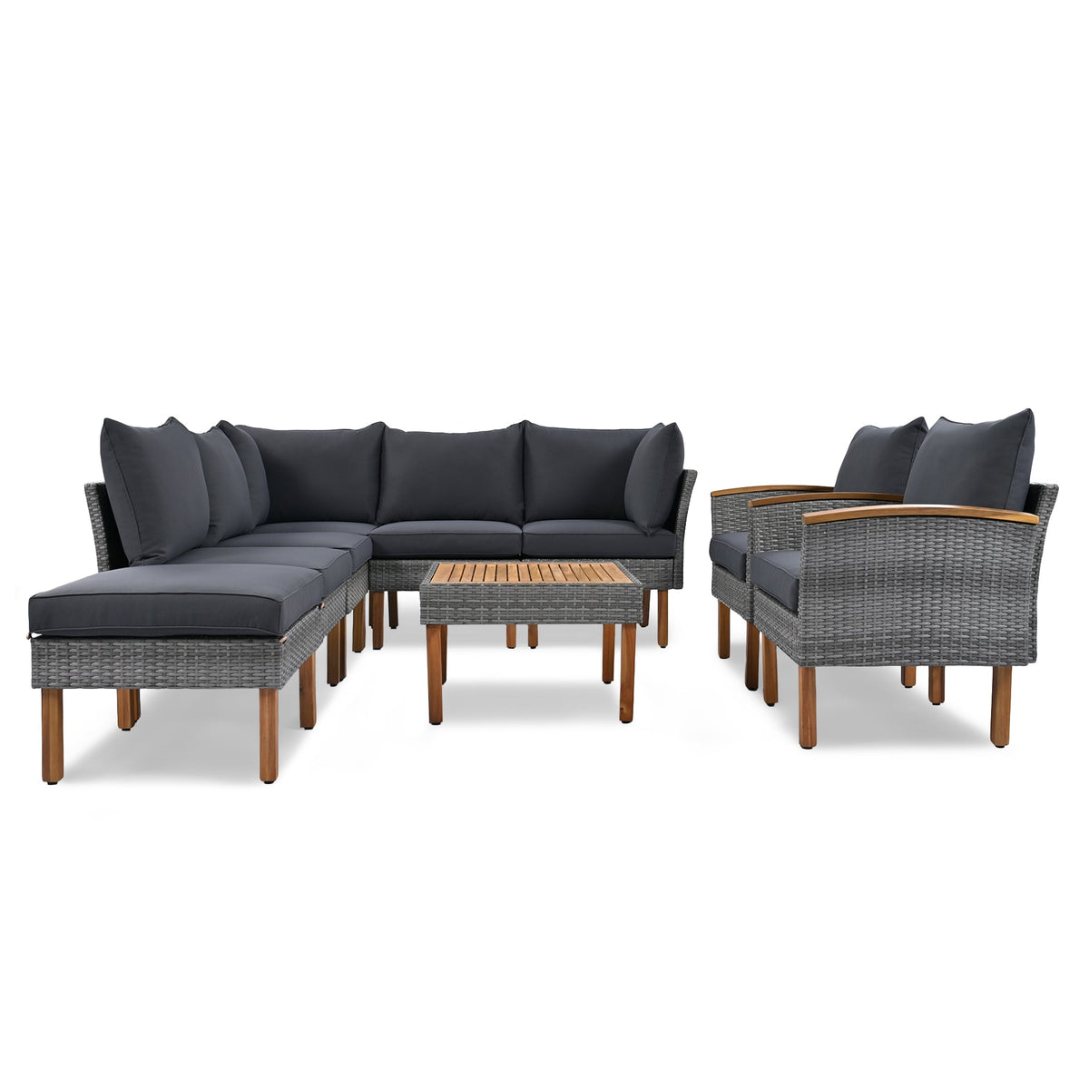 9-Piece Patio Rattan Furniture Set with Acacia Wood Legs - Outdoor