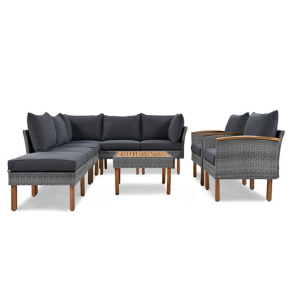 9-Piece Patio Rattan Furniture Set with Acacia Wood Legs - Outdoor