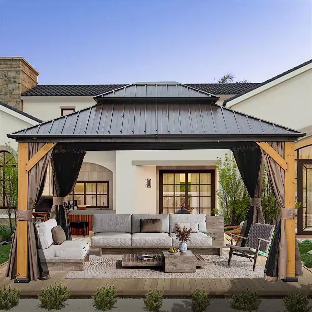 12 Ft. X 14 Ft. Outdoor Cedar Wood Frame Hardtop Gazebo with Galvanized Steel Double Roof, Curtains and Netting