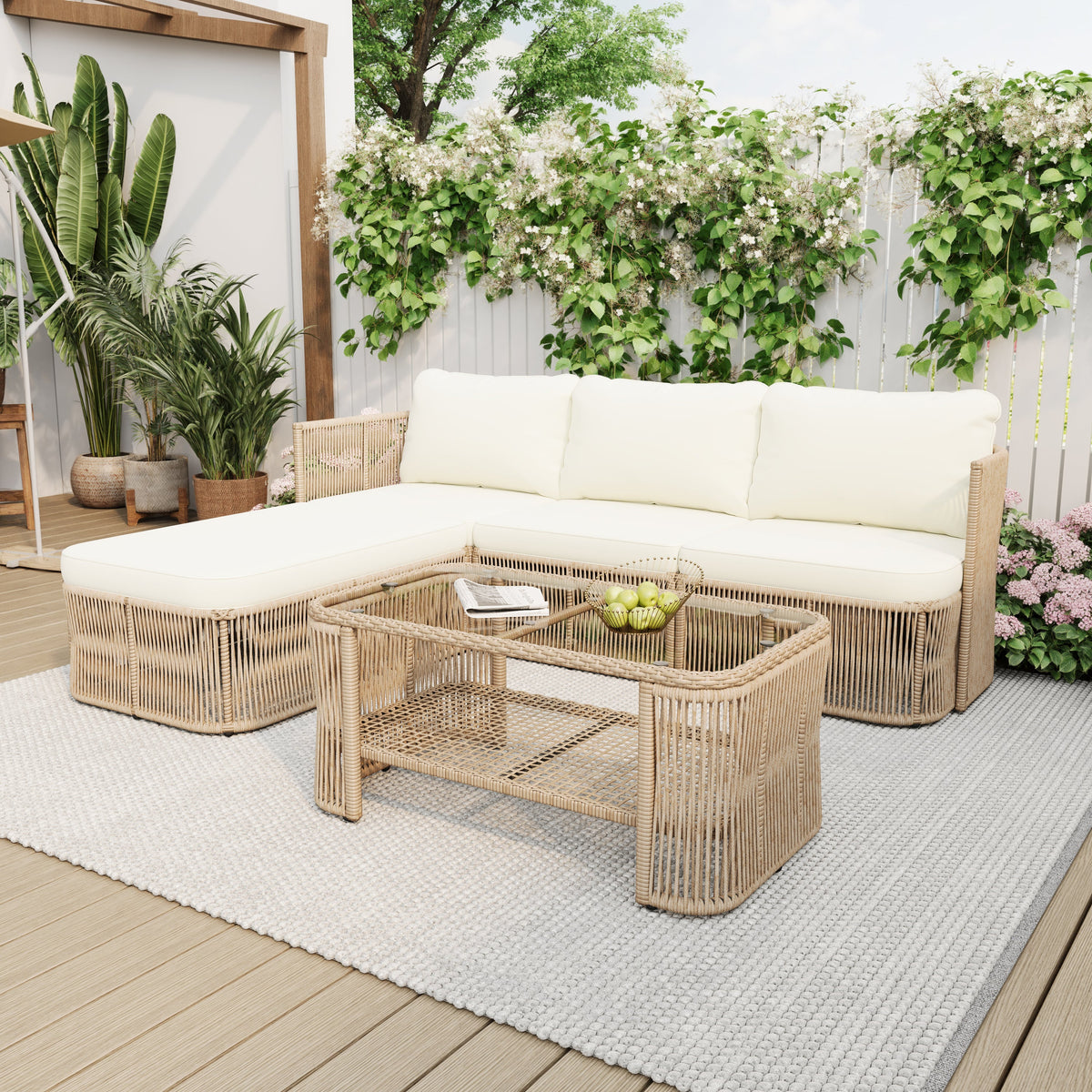 Outdoor PE Rattan Patio Furniture Set with Iron Frame - Dark Beige