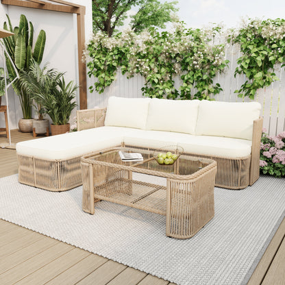 Outdoor PE Rattan Patio Furniture Set with Iron Frame - Dark Beige