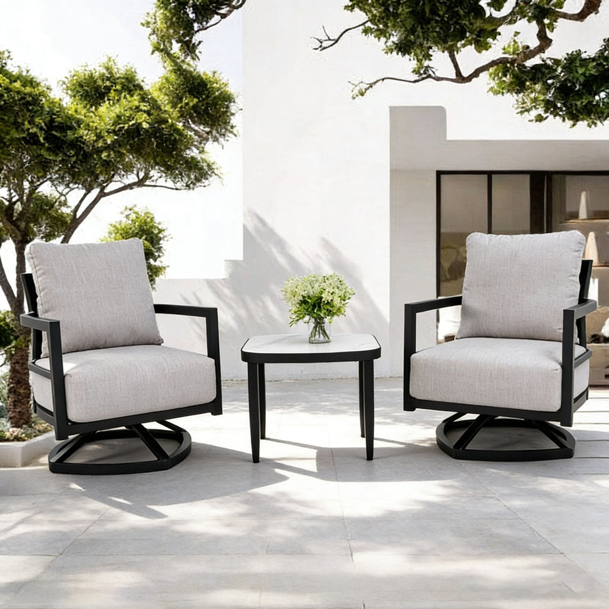 Outdoor Patio Furniture Chat Set with Sunbrella Cushions and Side Table - Gray