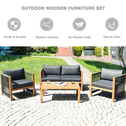 4 Pieces Acacia Wood Outdoor Patio Furniture Set with Cushions