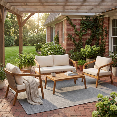 4-Piece Outdoor Patio Furniture Set with Comfort Cushions - Acacia Wood & Wicker