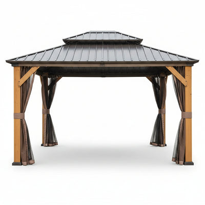 12 Ft. X 14 Ft. Outdoor Cedar Wood Frame Hardtop Gazebo with Galvanized Steel Double Roof, Curtains and Netting