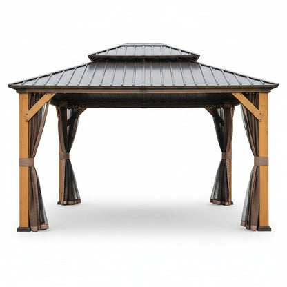12 Ft. X 14 Ft. Outdoor Cedar Wood Frame Hardtop Gazebo with Galvanized Steel Double Roof, Curtains and Netting