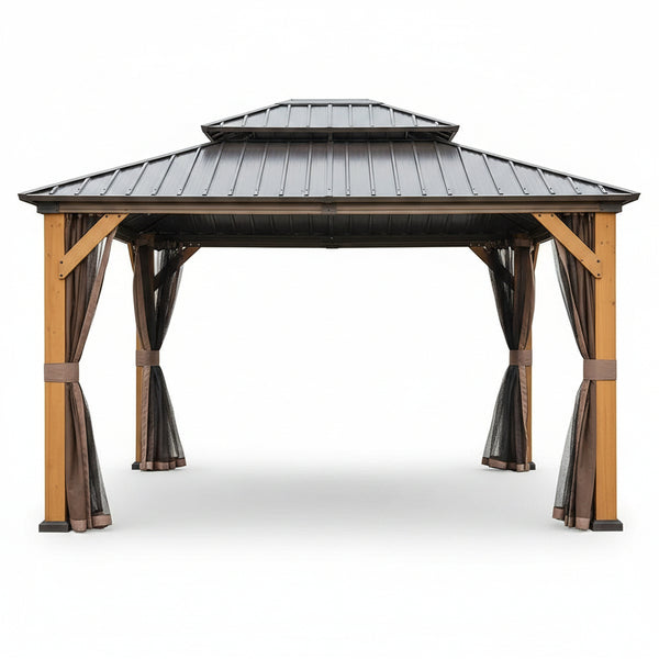 12 Ft. X 14 Ft. Outdoor Cedar Wood Frame Hardtop Gazebo with Galvanized Steel Double Roof, Curtains and Netting