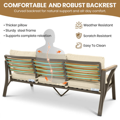 6-Piece Outdoor Patio Furniture Set with Steel Frame & Acacia Wood Table - Brown, Cream Beige