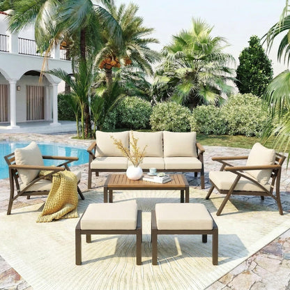 6-Piece Outdoor Patio Furniture Set with Steel Frame & Acacia Wood Table - Brown, Cream Beige