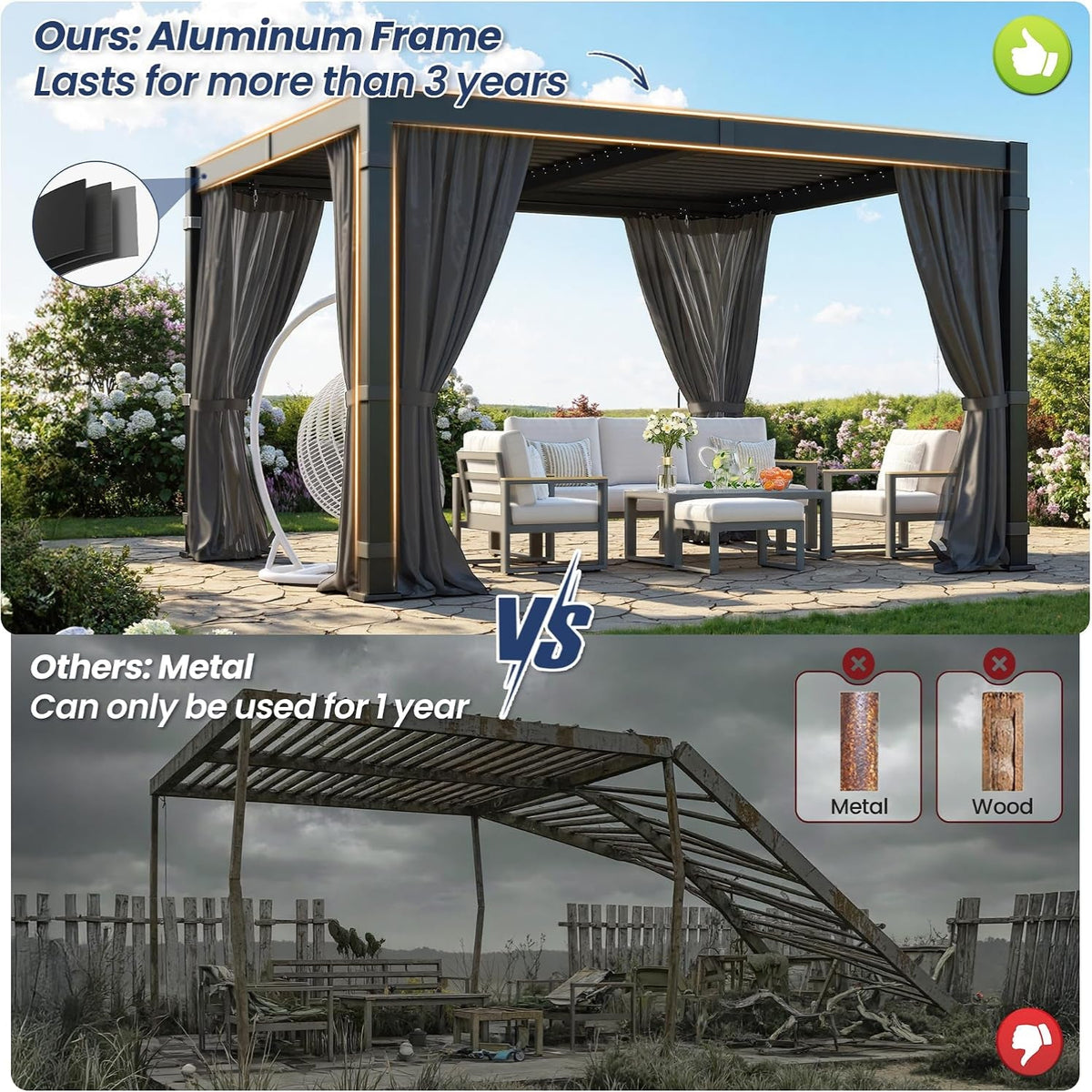10' X 12' Pergola with Adjustable Louvered Roof and Aluminum Frame