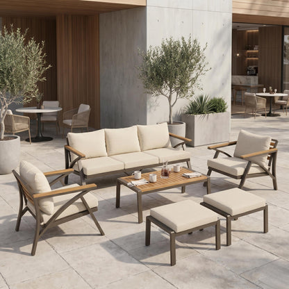 6-Piece Outdoor Patio Furniture Set with Steel Frame & Acacia Wood Table - Brown, Cream Beige