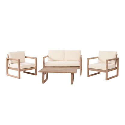 4-Pieces Acacia Wood Patio Furniture Set, Outdoor Furniture With Coffee Table, Patio Conversation Set Deep Seating With Soft Cushion, Porch Chairs For Porch Balcony, Brown Wash, Beige