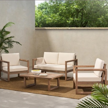 4-Pieces Acacia Wood Patio Furniture Set, Outdoor Furniture With Coffee Table, Patio Conversation Set Deep Seating With Soft Cushion, Porch Chairs For Porch Balcony, Brown Wash, Beige