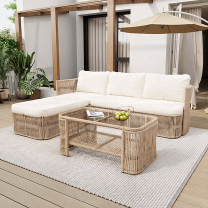 Outdoor PE Rattan Patio Furniture Set with Iron Frame - Dark Beige
