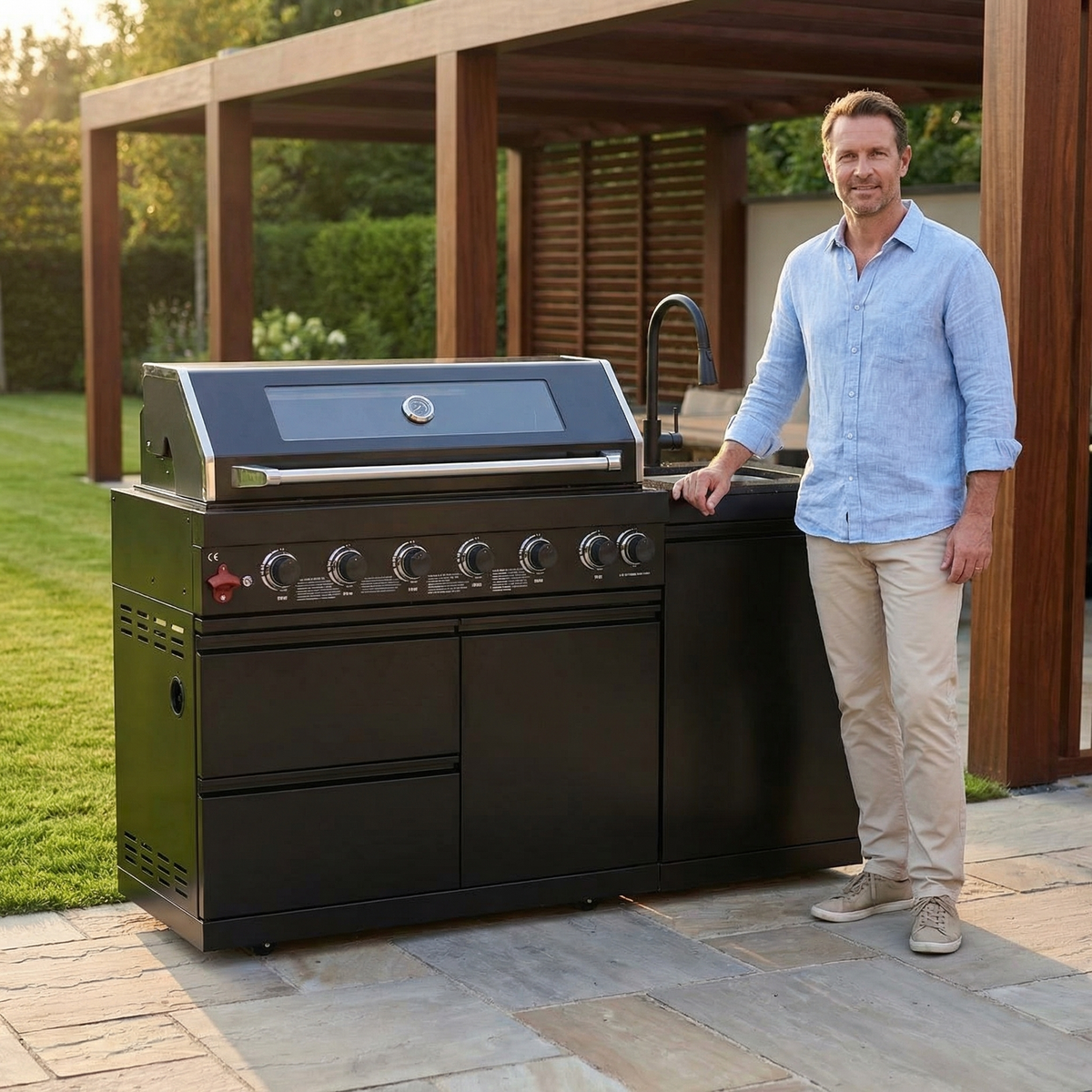 62.6 Inch 6-Burner Outdoor Kitchen Grill with Marble Countertops - Black