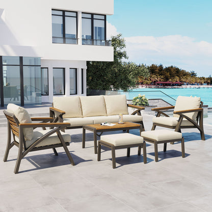 6-Piece Outdoor Patio Furniture Set with Steel Frame & Acacia Wood Table - Brown, Cream Beige