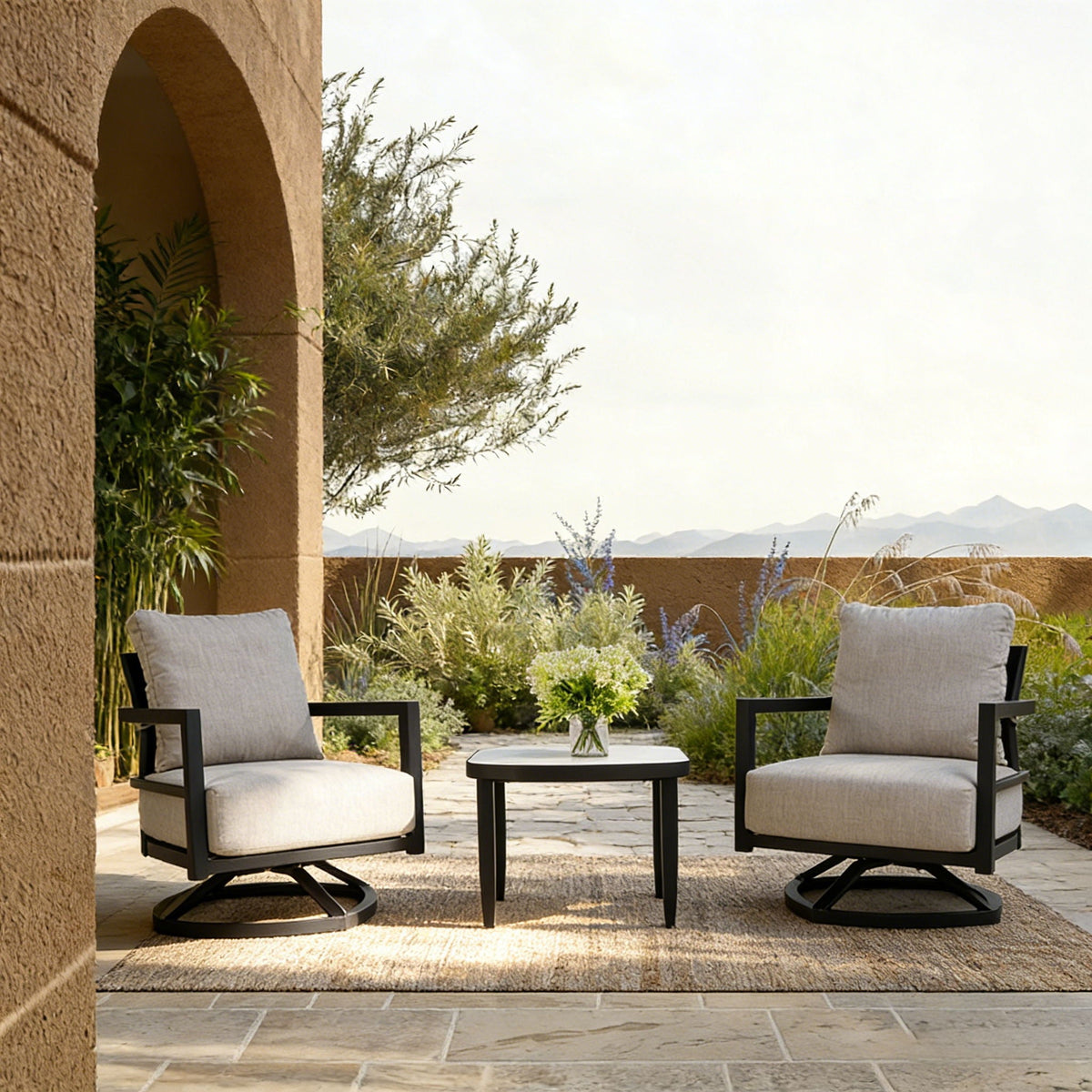 Outdoor Patio Furniture Chat Set with Sunbrella Cushions and Side Table - Gray