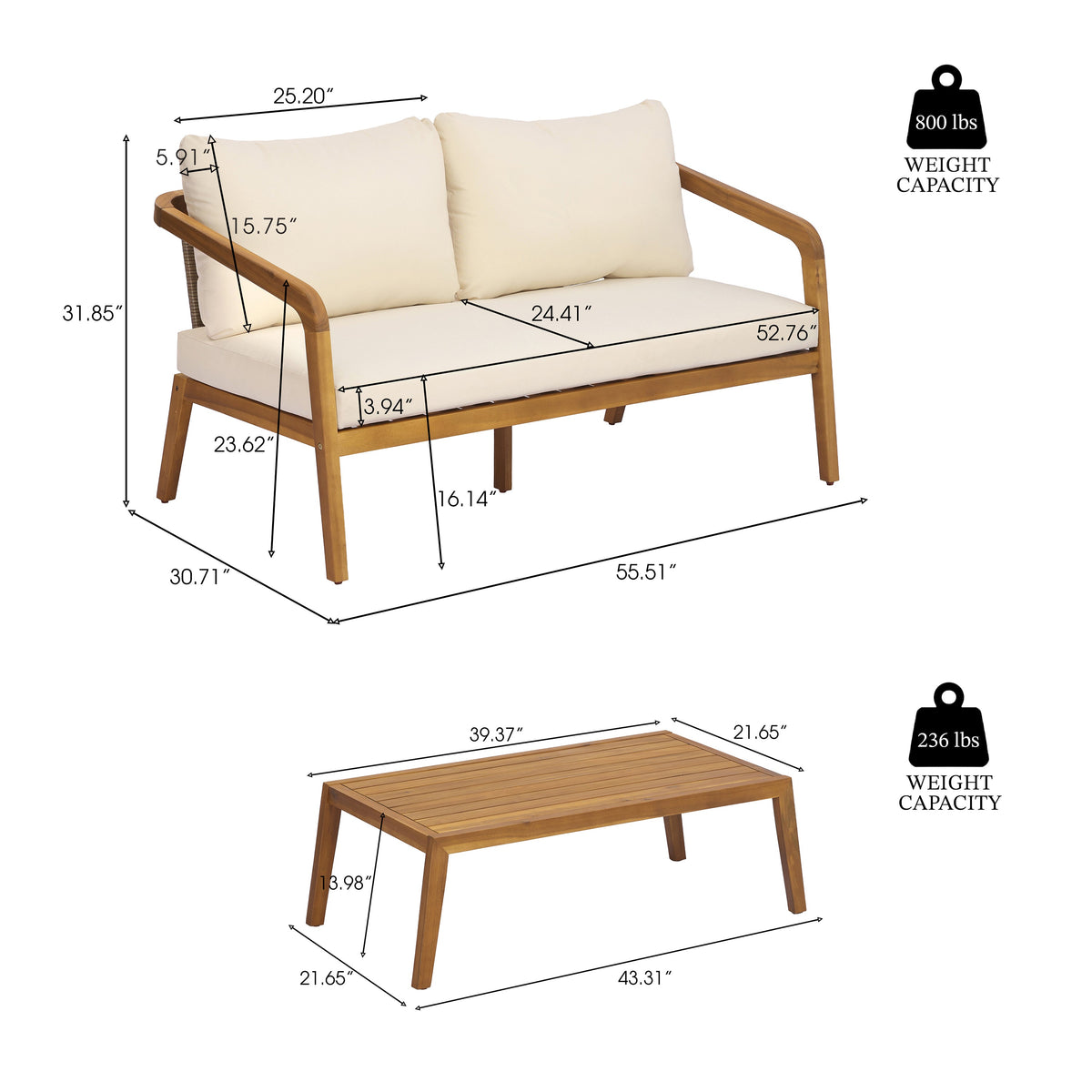 4-Piece Outdoor Patio Furniture Set with Comfort Cushions - Acacia Wood & Wicker