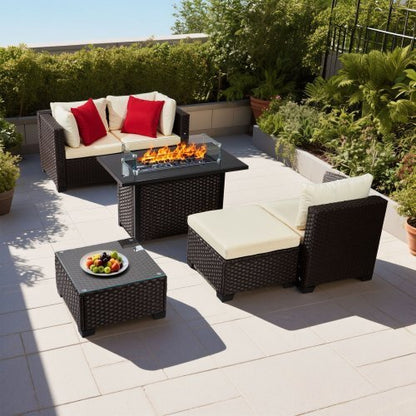 6-Piece Outdoor Patio Furniture Set, Wicker Rattan Outdoor Sectional Conversation Set with 50000BTU Propane Fire Pit Table, Cushioned Sofas, Coffee Table & Ottoman for Patio Garden Backyard