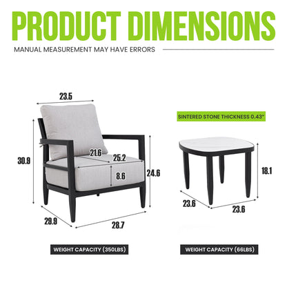 Outdoor Patio Furniture Chat Set with Sunbrella Cushions and Side Table - Gray