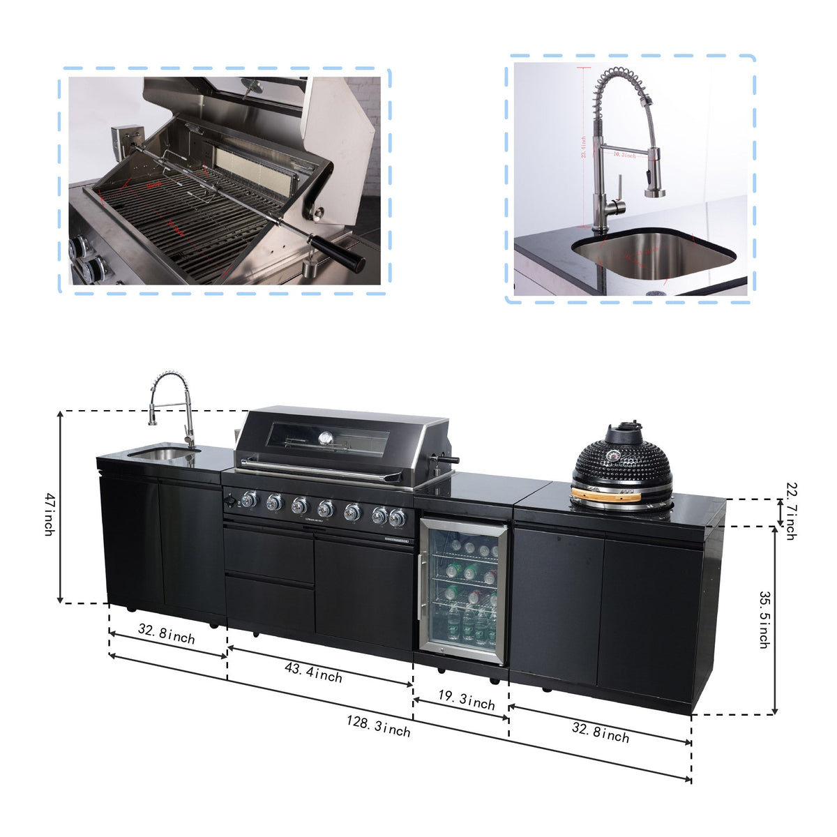 Black Stainless Steel Outdoor Kitchen Grill Island with Kamado & Refrigerator - Black