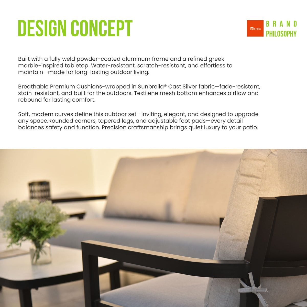 Outdoor Patio Furniture Chat Set with Sunbrella Cushions and Side Table - Gray