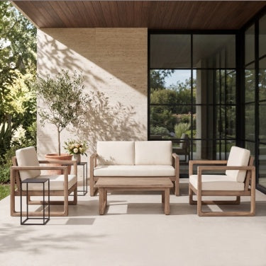 4-Pieces Acacia Wood Patio Furniture Set, Outdoor Furniture With Coffee Table, Patio Conversation Set Deep Seating With Soft Cushion, Porch Chairs For Porch Balcony, Brown Wash, Beige