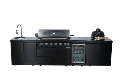 Black Stainless Steel Outdoor Kitchen Grill Island with Kamado & Refrigerator - Black