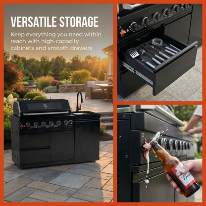 62.6 Inch 6-Burner Outdoor Kitchen Grill with Marble Countertops - Black