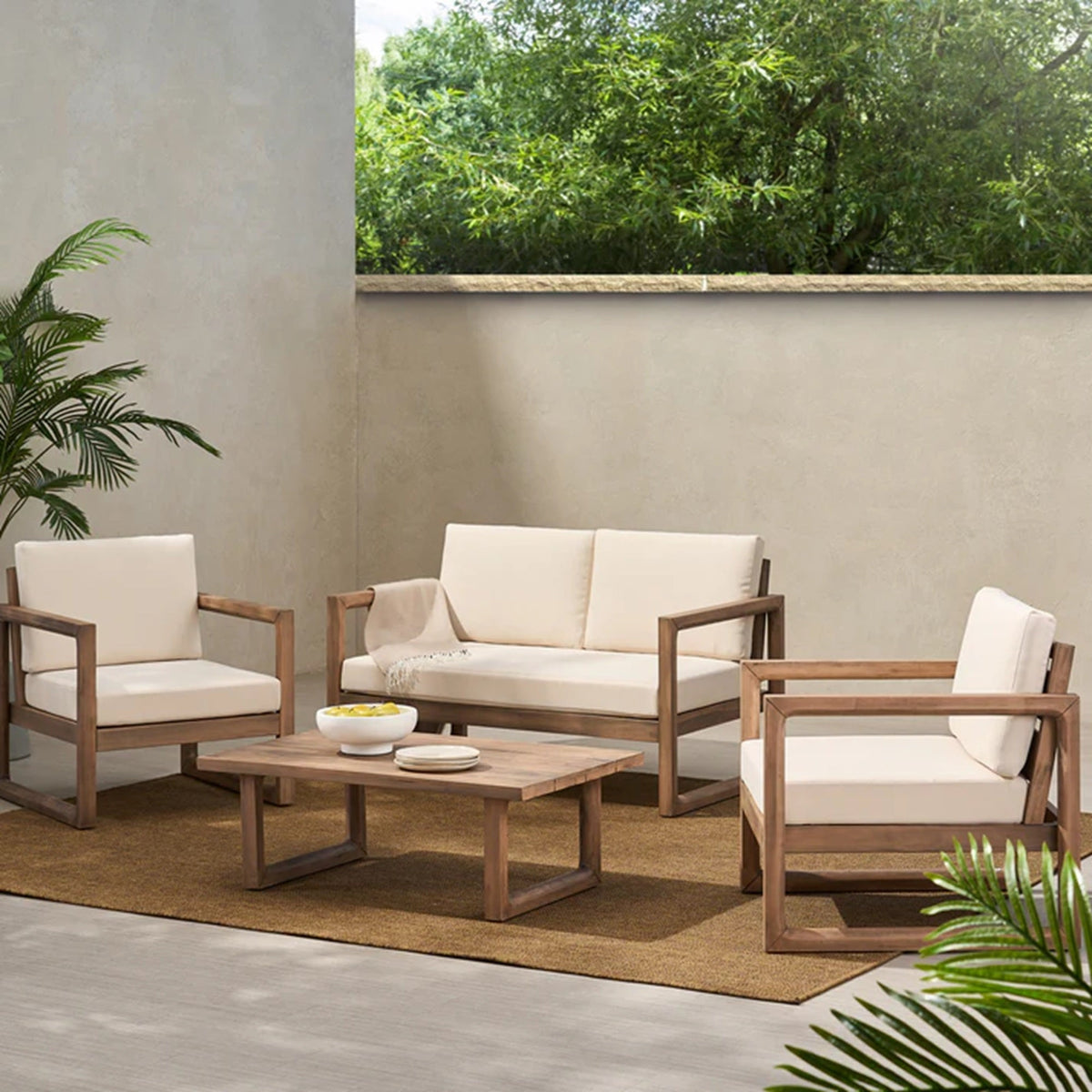 4-Pieces Acacia Wood Patio Furniture Set, Outdoor Furniture With Coffee Table, Patio Conversation Set Deep Seating With Soft Cushion, Porch Chairs For Porch Balcony, Brown Wash, Beige