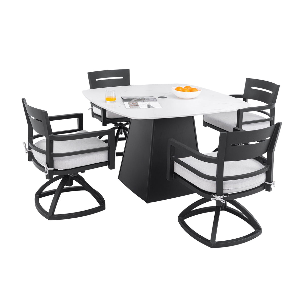Outdoor Patio Dining Set, Squircle Dining Table, Dining Chairs With Sunbrella Cushions