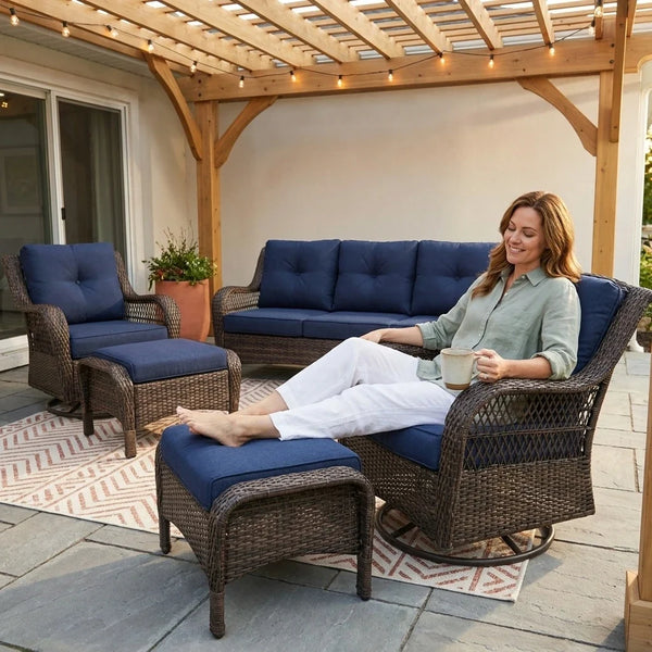 Outdoor Patio Conversation Set Built to Seat 7 People, Swivel Rocker Chairs, Steel Frame, Blue Cushions