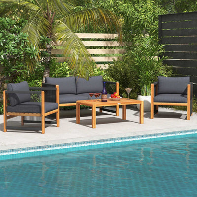 4 Pieces Acacia Wood Outdoor Patio Furniture Set with Cushions